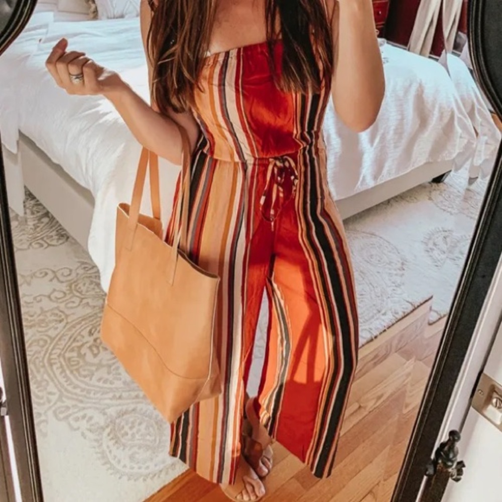 Ae aerie tube striped jumpsuit strapless